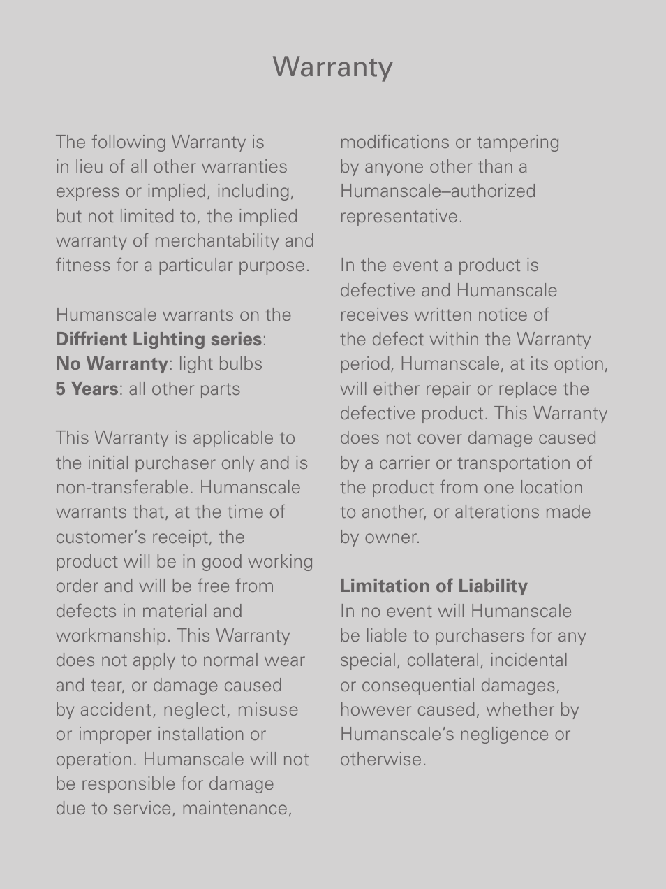 Warranty | Humanscale Diffrient Light Family User Manual | Page 7 / 8