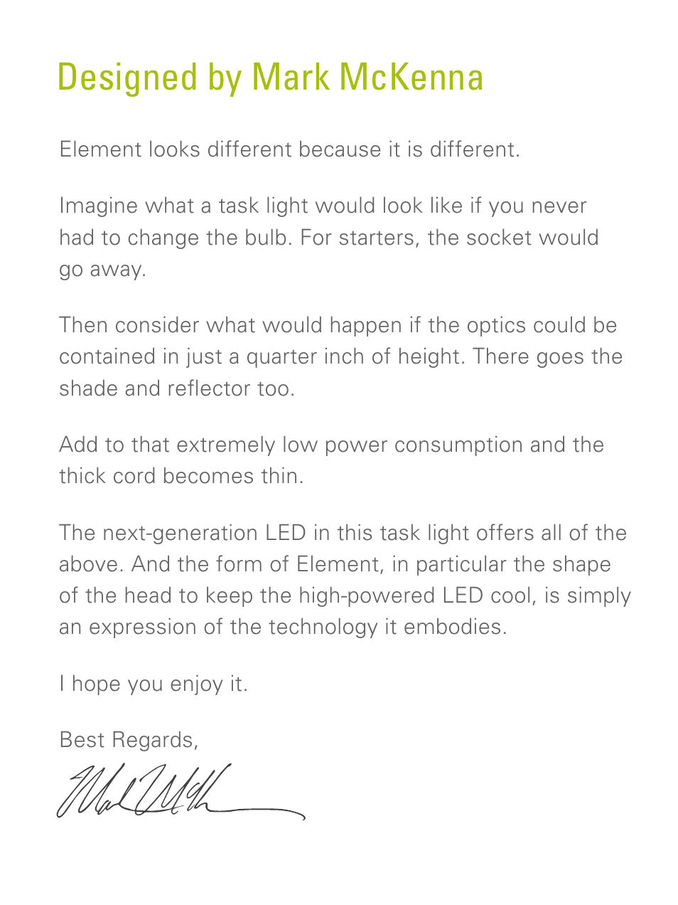 Designed by mark mckenna | Humanscale Element Light Hang Tag User Manual | Page 3 / 8