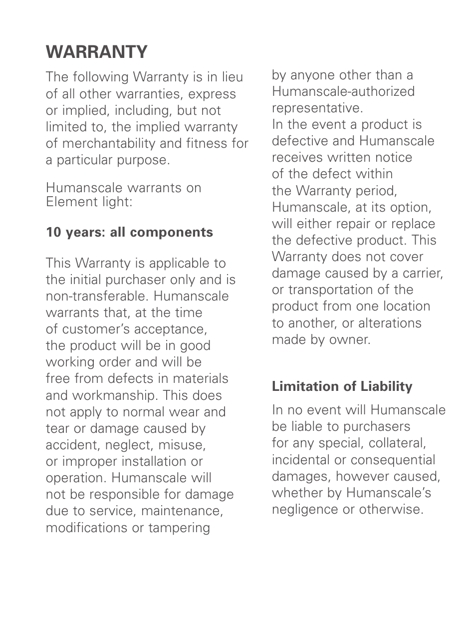 Warranty | Humanscale Element Light Hang Tag User Manual | Page 7 / 8