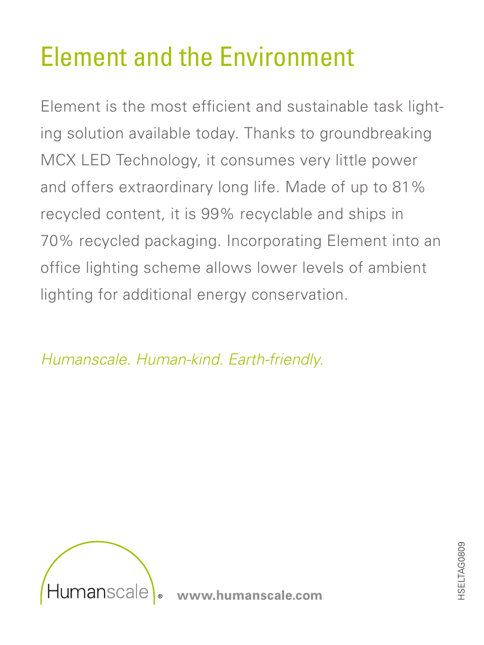 Element and the environment | Humanscale Element Light Hang Tag User Manual | Page 8 / 8