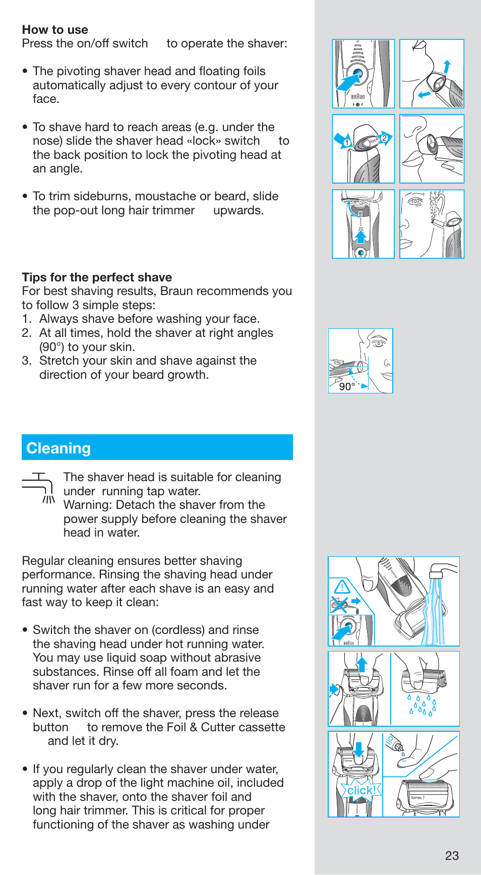 99731357_720s-5_japan 23.pdf, Cleaning, Click | Braun 720S-5 User Manual | Page 23 / 27
