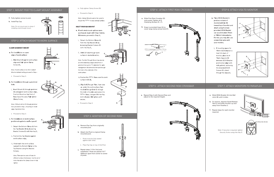 Paraflex2_inside, Step 1: mount post to clamp mount assembly, Step 2: attach mount to work surface | Step 3: addition of second row | Humanscale ParaFlex 2 User Manual | Page 2 / 2