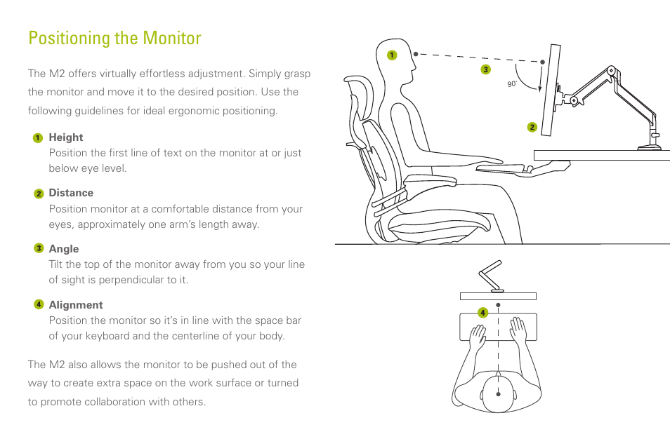 Positioning the monitor | Humanscale M2 Hang Tag User Manual | Page 2 / 5