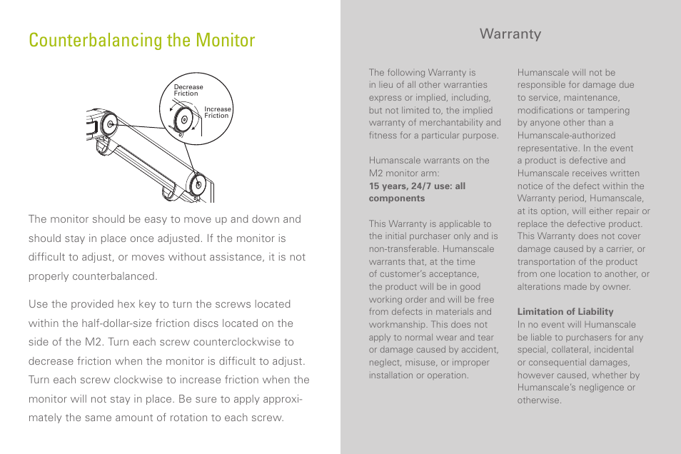Counterbalancing the monitor, Warranty | Humanscale M2 Hang Tag User Manual | Page 4 / 5