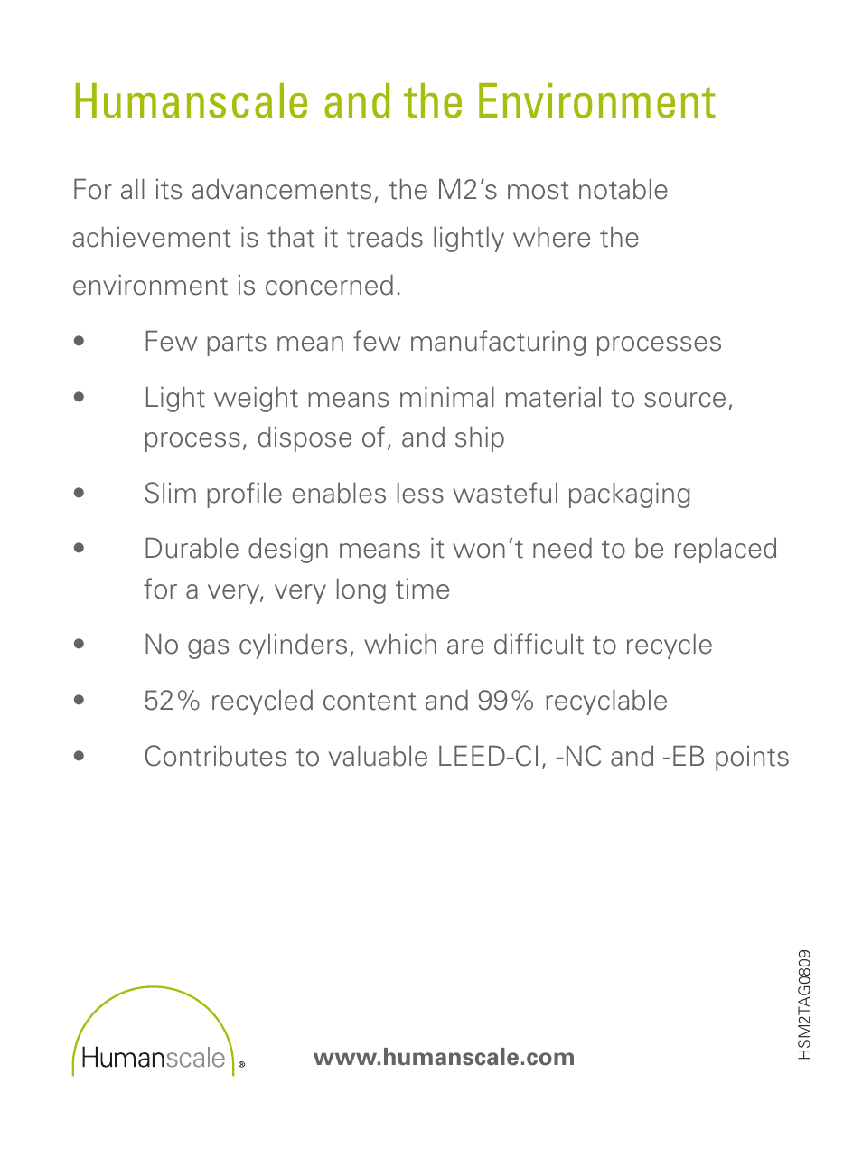 Humanscale and the environment | Humanscale M2 Hang Tag User Manual | Page 5 / 5