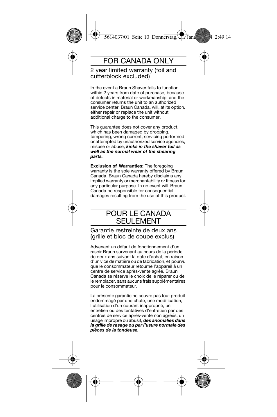 For canada only, Pour le canada seulement | Braun 5614 User Manual | Page 11 / 13