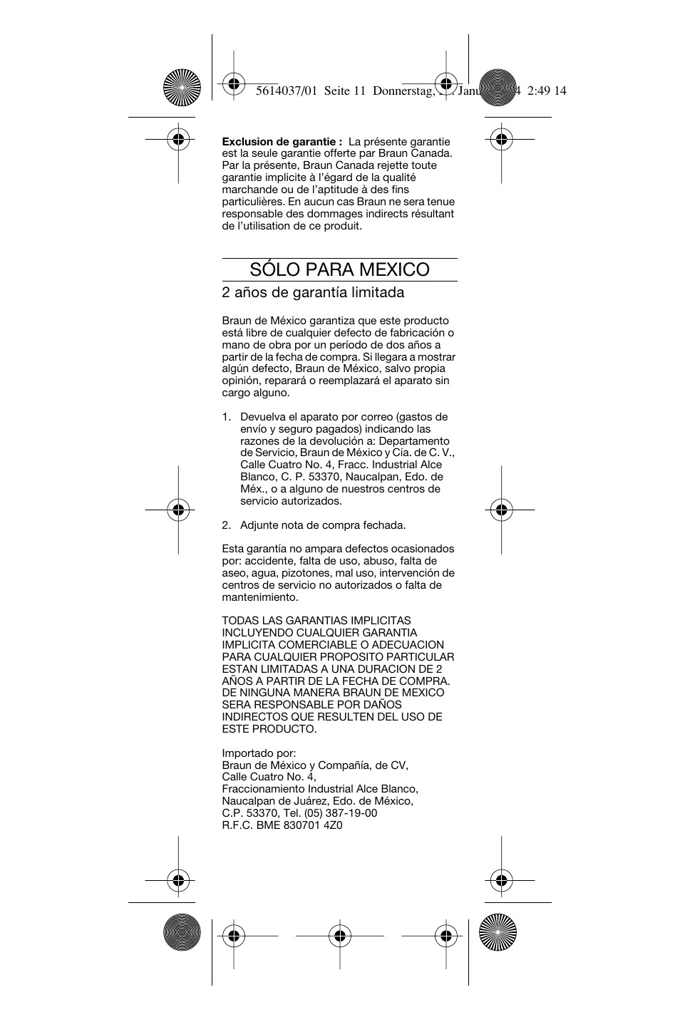 Sólo para mexico | Braun 5614 User Manual | Page 12 / 13