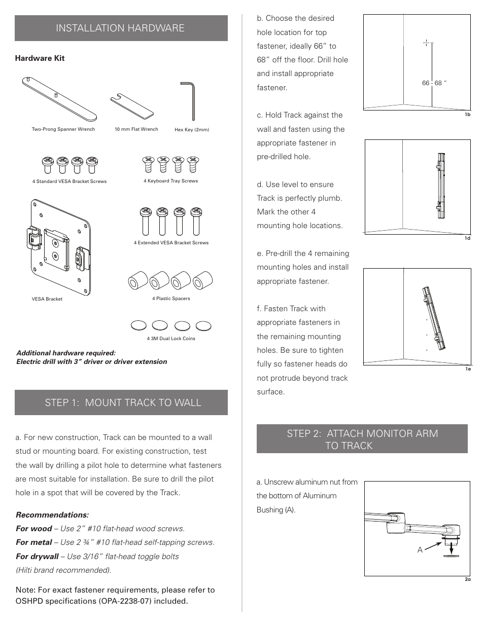 Installation hardware step 1: mount track to wall, Step 2: attach monitor arm to track | Humanscale V7 User Manual | Page 2 / 4