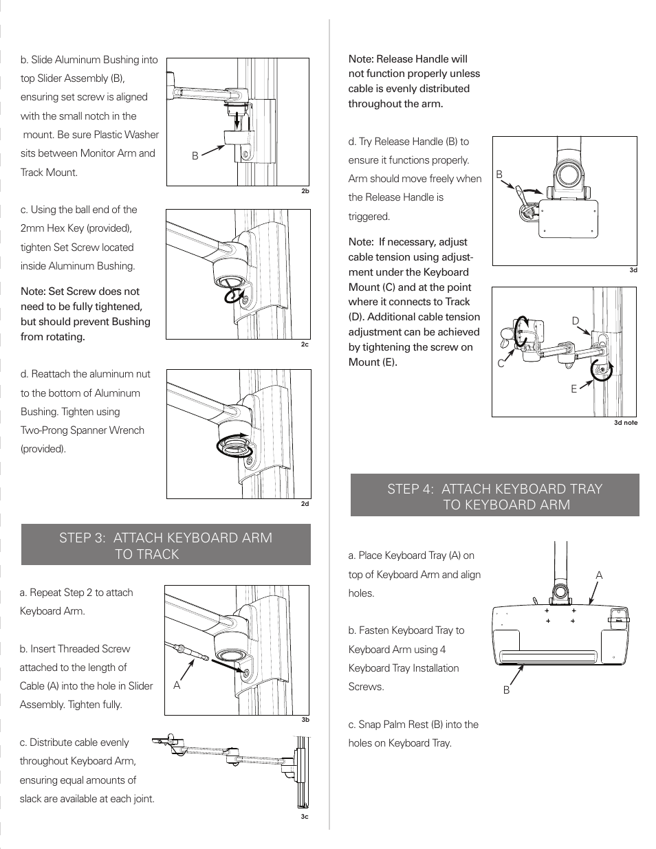 Step 3: attach keyboard arm to track, Step 4: attach keyboard tray to keyboard arm | Humanscale V7 User Manual | Page 3 / 4