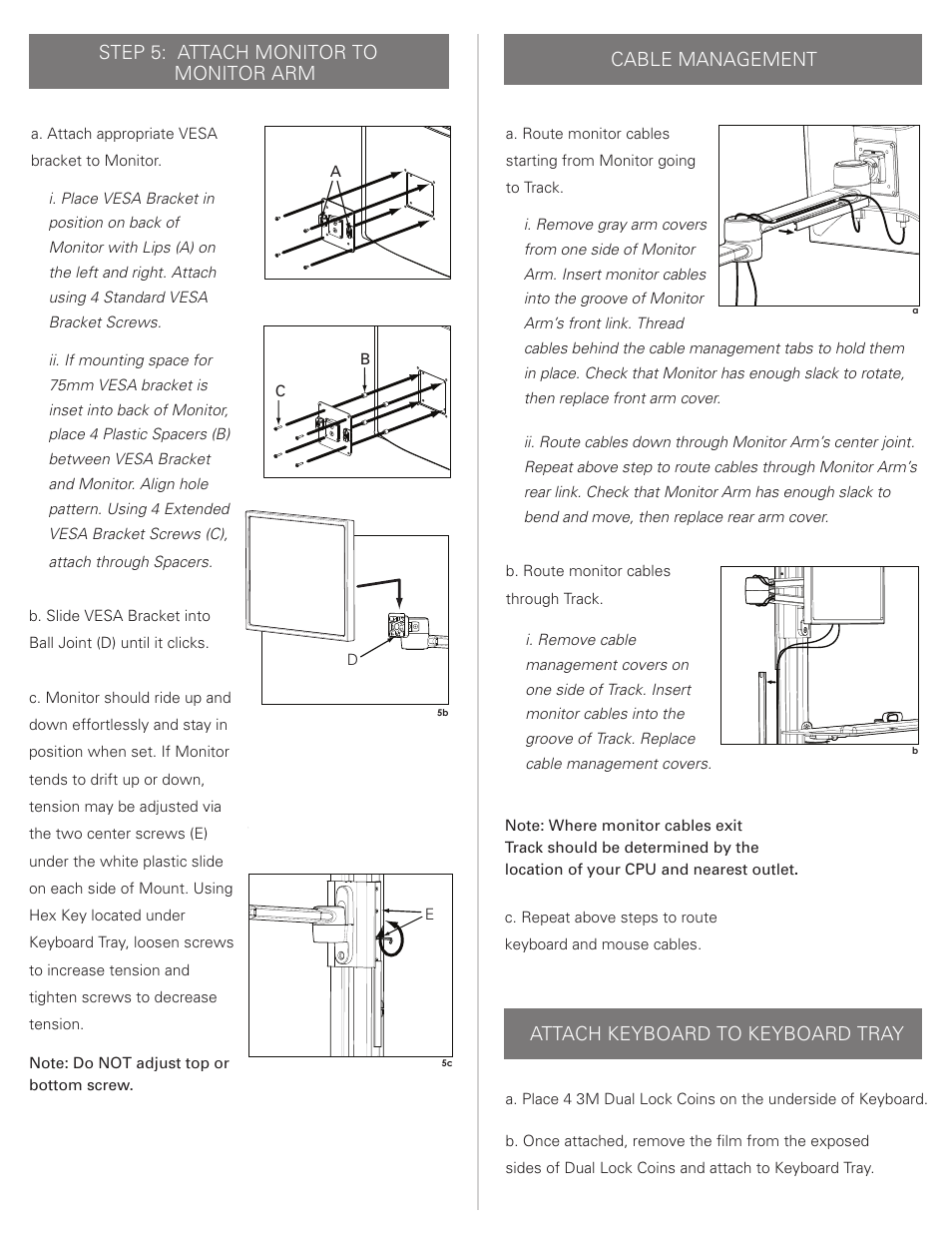 Step 5: attach monitor to monitor arm, Cable management, Attach keyboard to keyboard tray | Humanscale V7 User Manual | Page 4 / 4