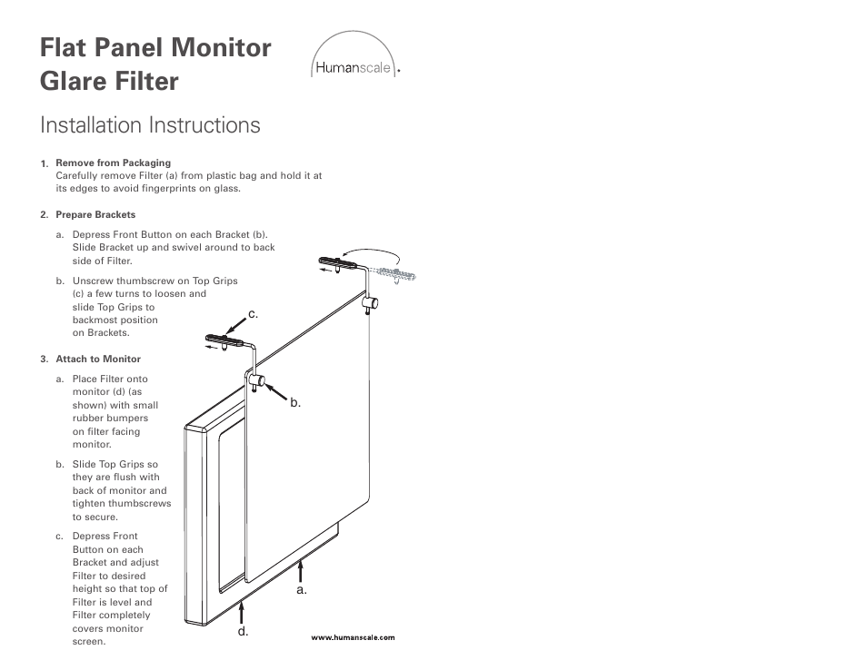 Humanscale Flat Panel Privacy and Glare Filter User Manual | 1 page