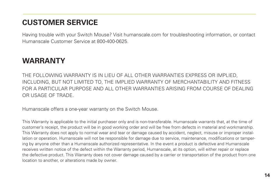 Customer service, Warranty | Humanscale Switch Mouse User Manual | Page 17 / 20