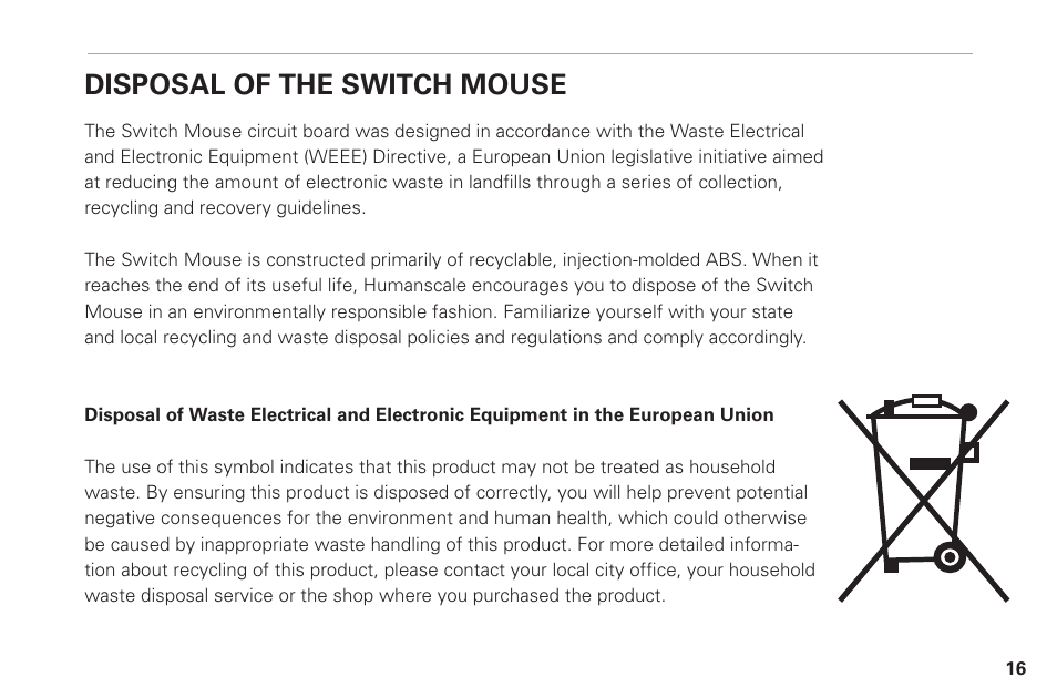 Disposal of the switch mouse | Humanscale Switch Mouse User Manual | Page 19 / 20