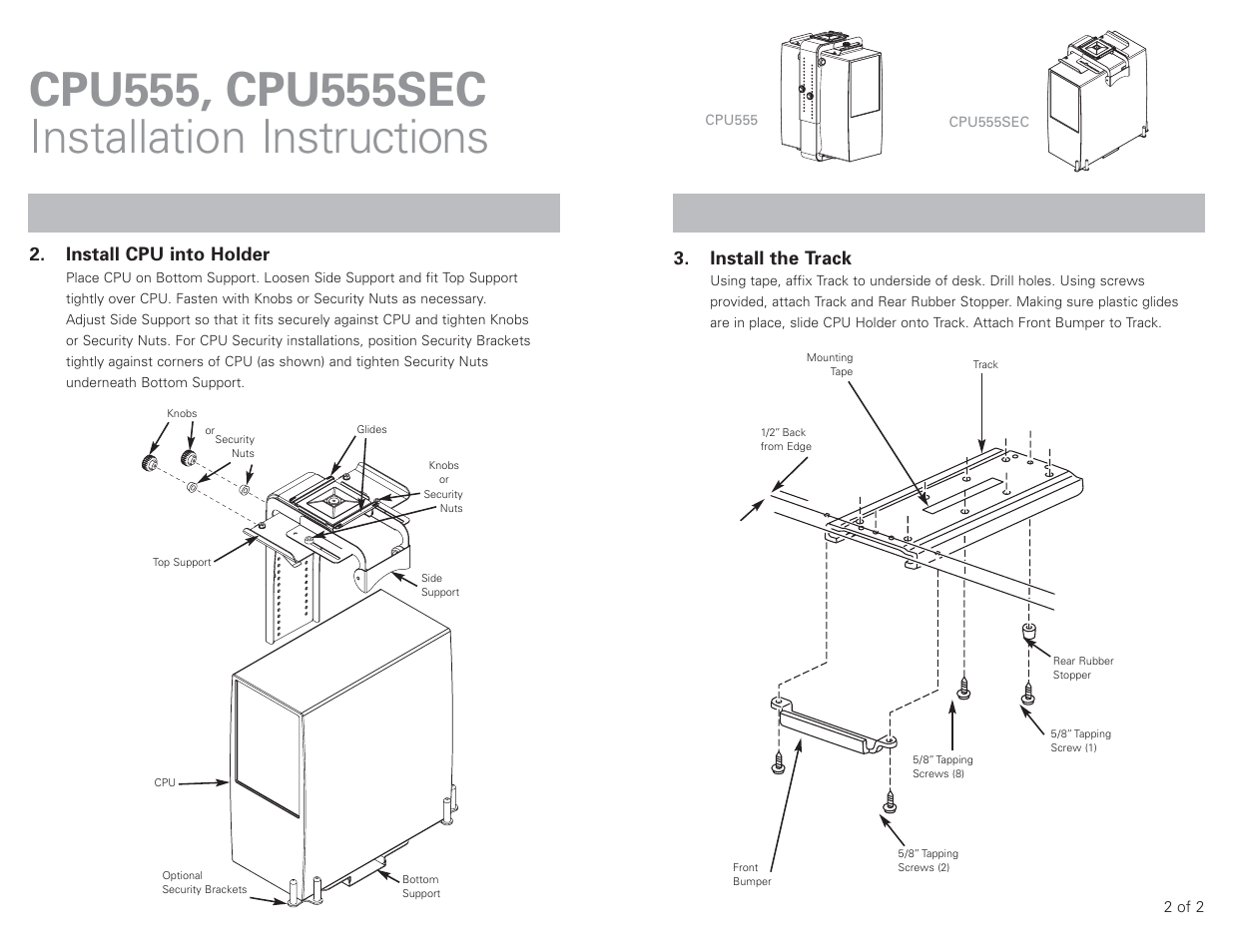 Install the track, Install cpu into holder | Humanscale CPU555SEC User Manual | Page 2 / 2