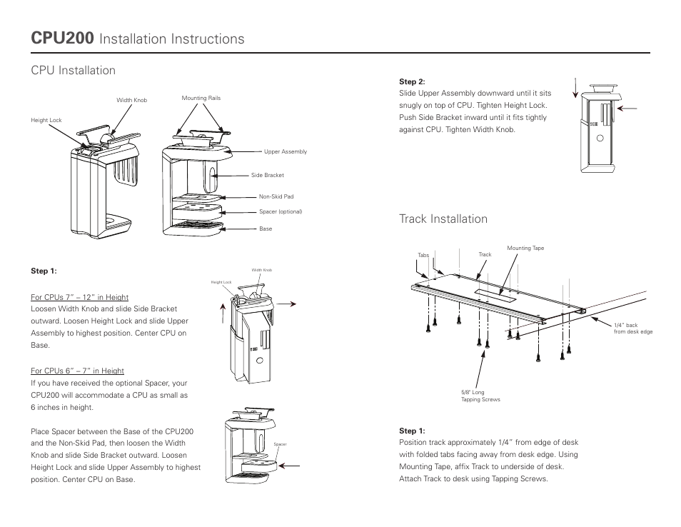 Cpu200, Installation instructions, Cpu installation track installation | Humanscale CPU200 User Manual | Page 2 / 2