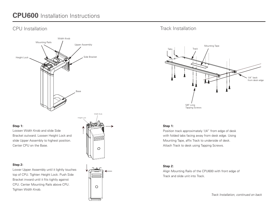 Cpu600, Installation instructions, Cpu installation track installation | Humanscale CPU600 User Manual | Page 2 / 2