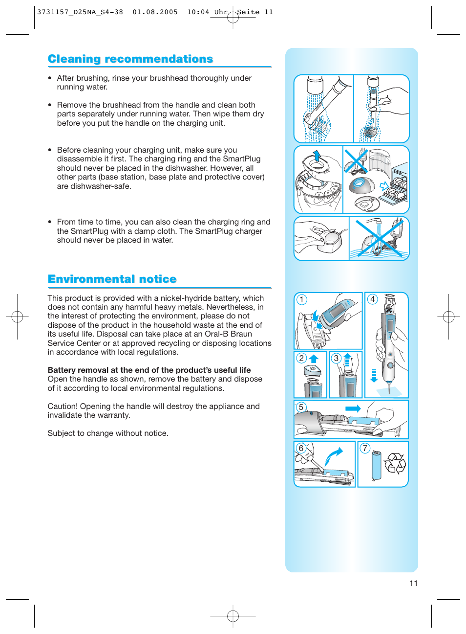 Cleaning r, Cleaning r ecommendations ecommendations, Envir | Envir onmental notice onmental notice | Braun Triumph User Manual | Page 11 / 34