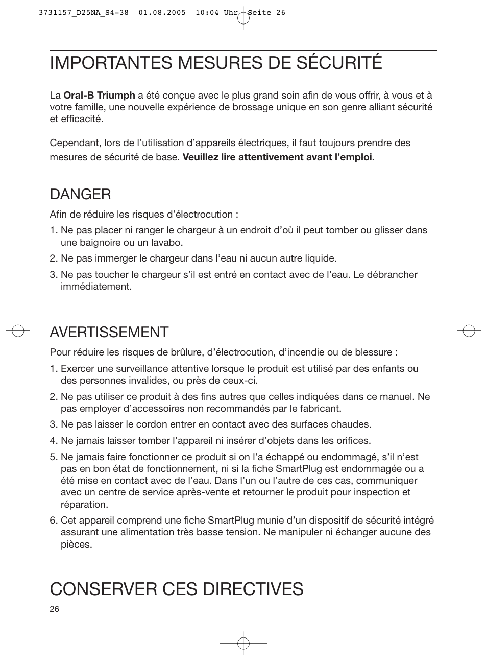 Importantes mesures de sécurité, Conserver ces directives, Danger | Avertissement | Braun Triumph User Manual | Page 26 / 34