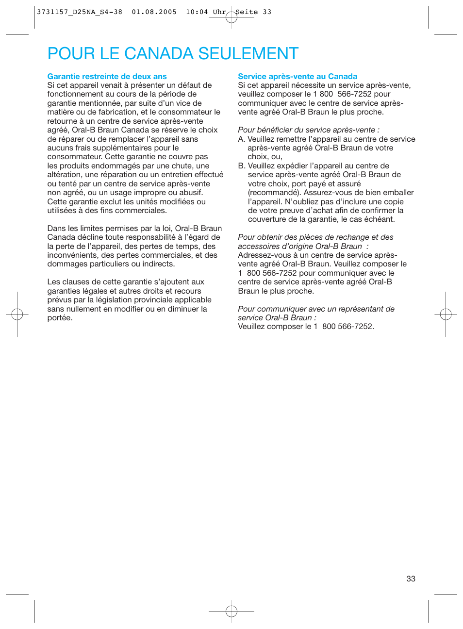 Pour le canada seulement | Braun Triumph User Manual | Page 33 / 34