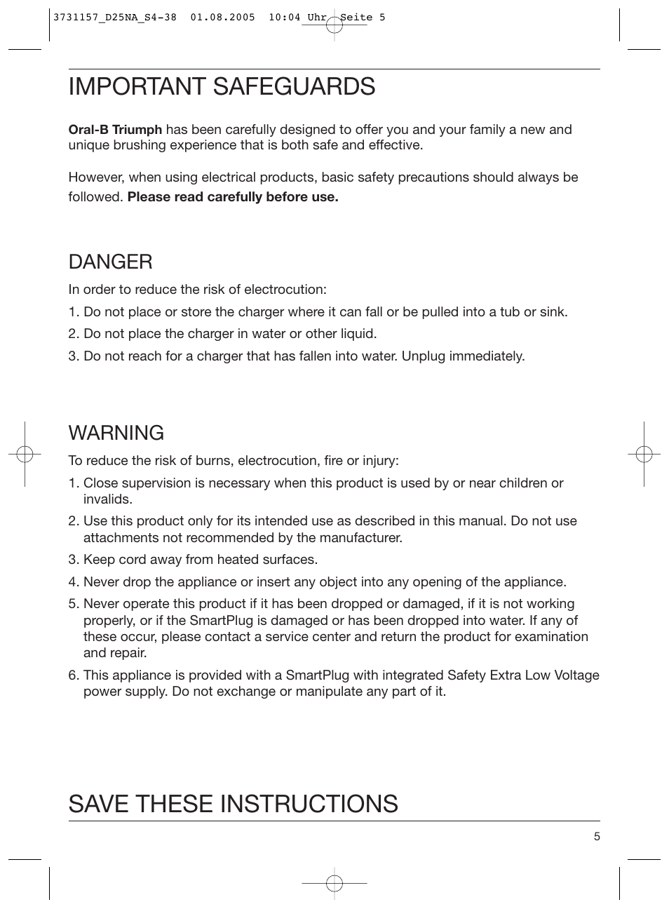 Important safeguards, Save these instructions, Danger | Warning | Braun Triumph User Manual | Page 5 / 34