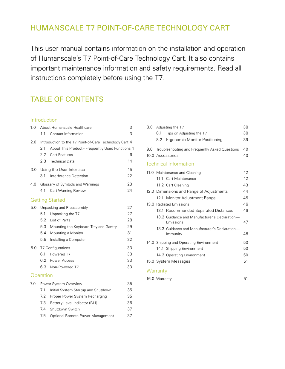 Humanscale t7 point-of-care technology cart, Technical information, Warranty | Introduction, Getting started, Operation | Humanscale T7 User Manual | Page 2 / 52