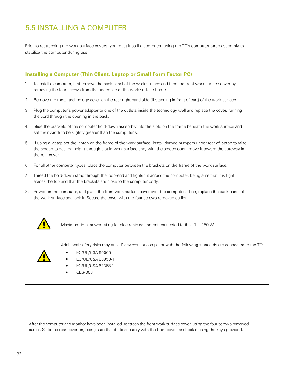 5 installing a computer | Humanscale T7 User Manual | Page 33 / 52