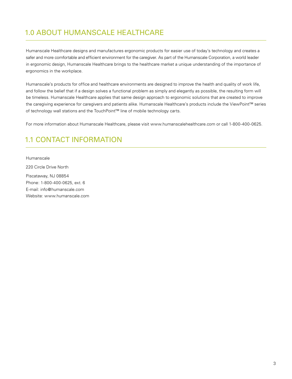 0 about humanscale healthcare, 1 contact information | Humanscale T7 User Manual | Page 4 / 52