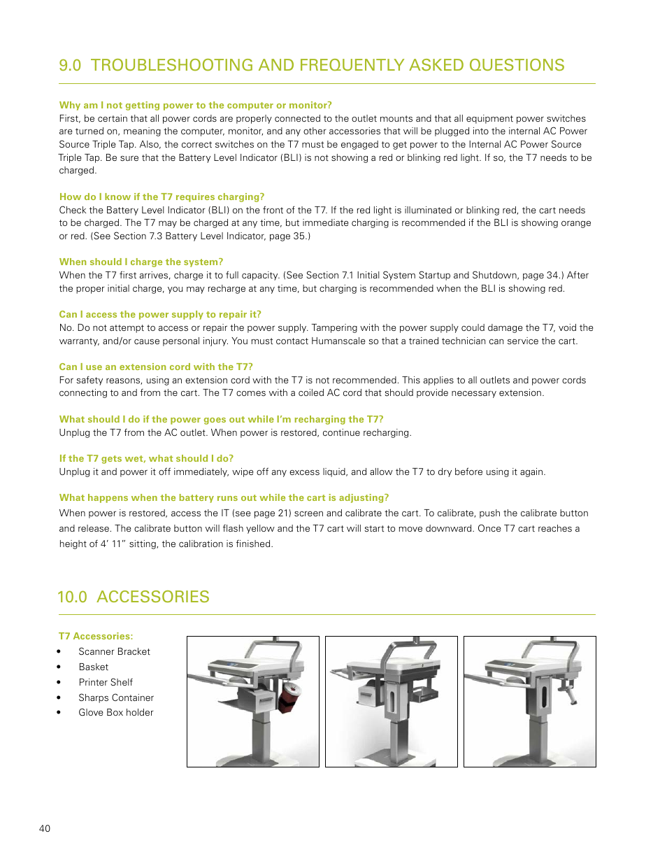 0 troubleshooting and frequently asked questions, 0 accessories | Humanscale T7 User Manual | Page 41 / 52