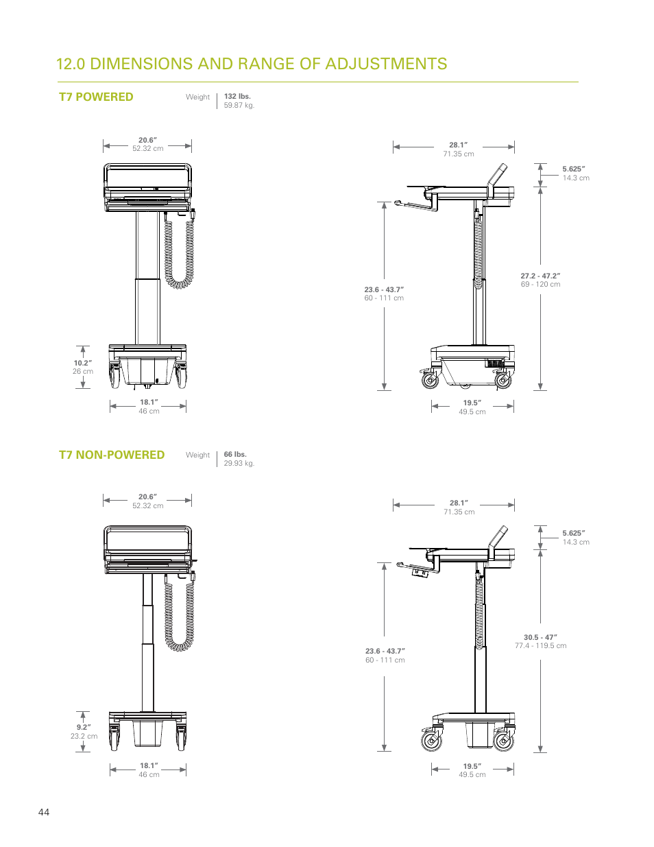 0 dimensions and range of adjustments, T7 powered t7 non-powered | Humanscale T7 User Manual | Page 45 / 52