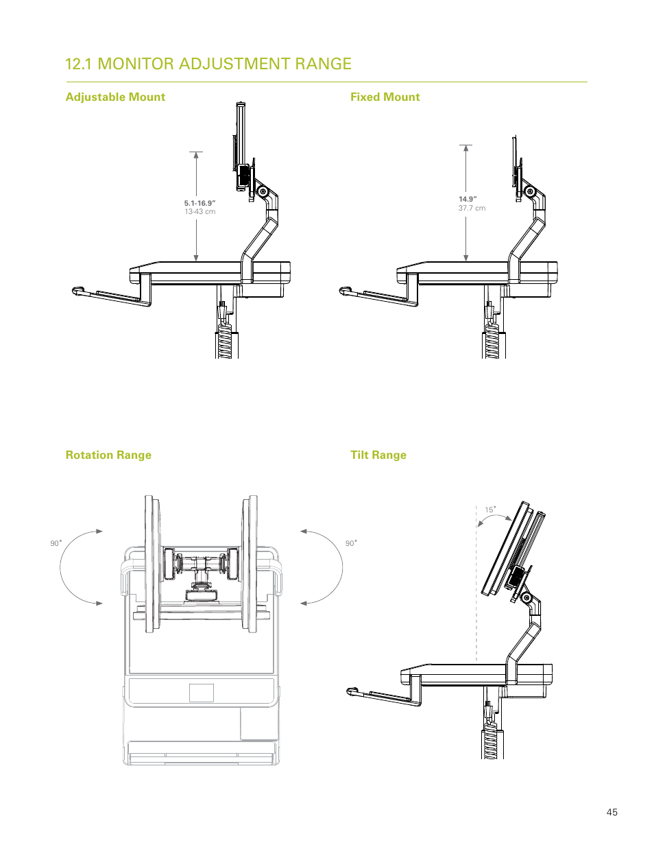 1 monitor adjustment range | Humanscale T7 User Manual | Page 46 / 52