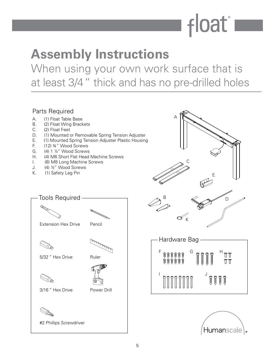 Assembly instructions, Adjusting float troubleshooting float, Hardware bag | Parts required, Tools required | Humanscale Float Assembly User Manual | Page 5 / 8
