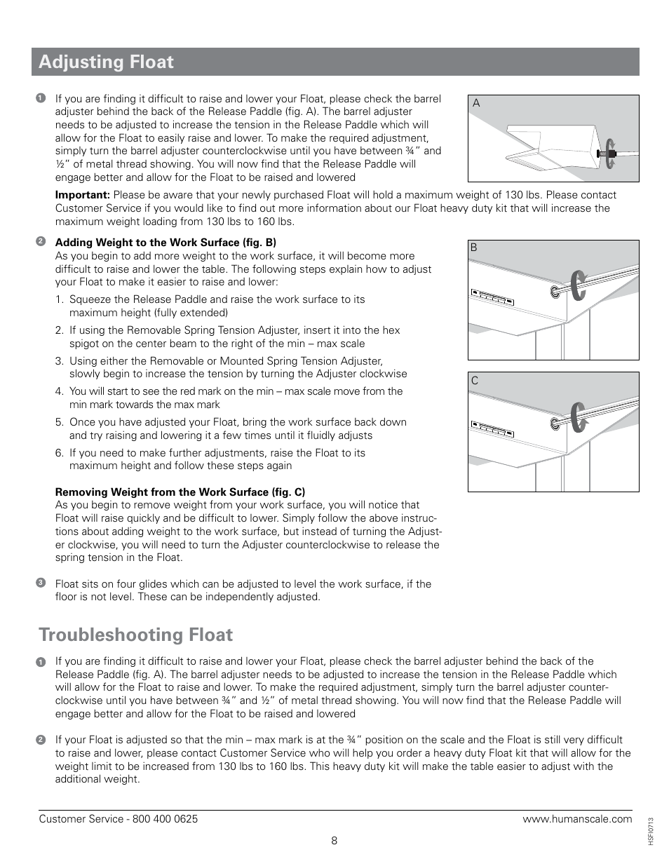 Assembly instructions, Adjusting float, Troubleshooting float | Parts required, Tools required, Hardware bag | Humanscale Float Assembly User Manual | Page 8 / 8