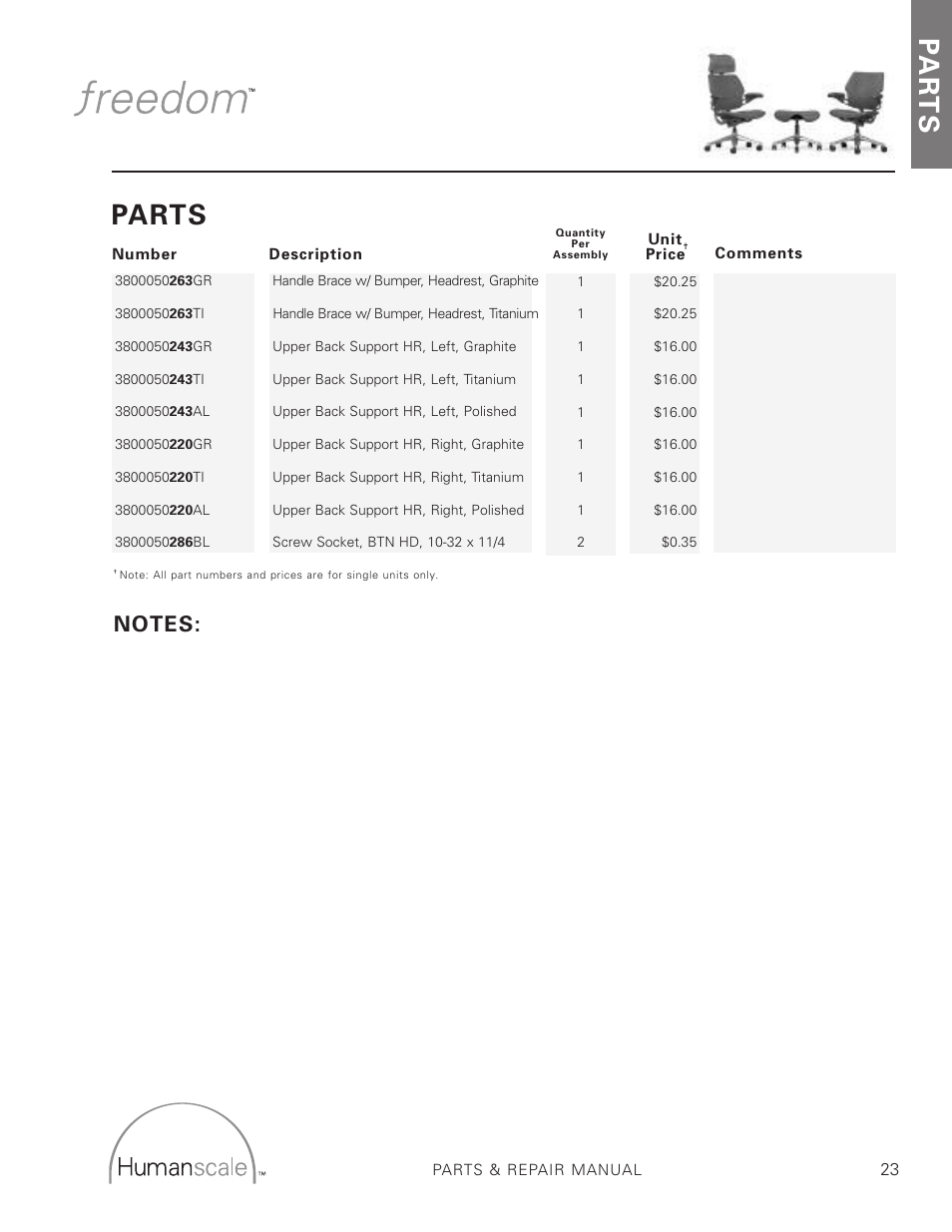 Pa r t s, Parts | Humanscale Seating Parts and Repair Manual User Manual | Page 25 / 59