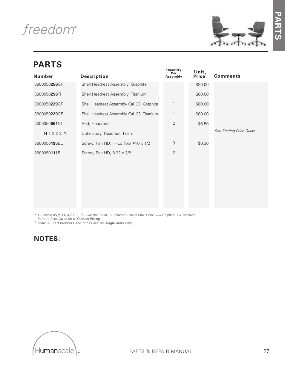 Pa r t s, Parts | Humanscale Seating Parts and Repair Manual User Manual | Page 29 / 59