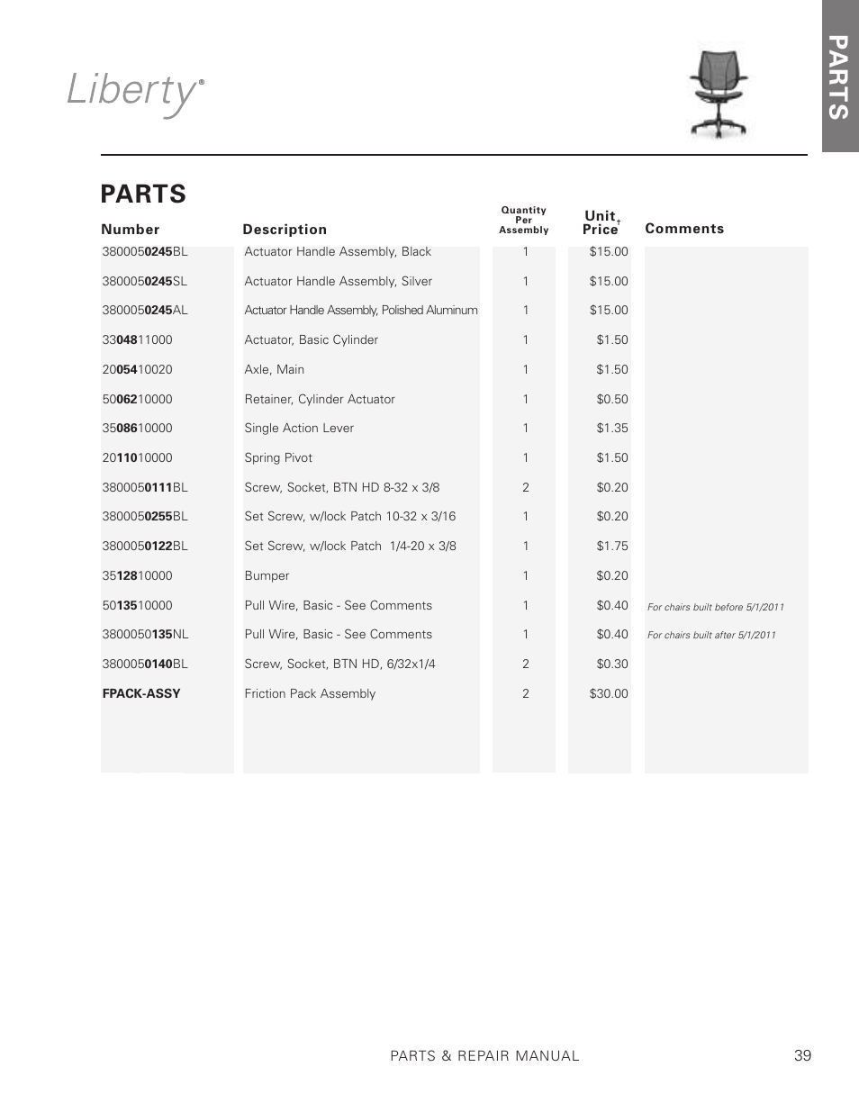 Pa r t s, Parts | Humanscale Seating Parts and Repair Manual User Manual | Page 41 / 59