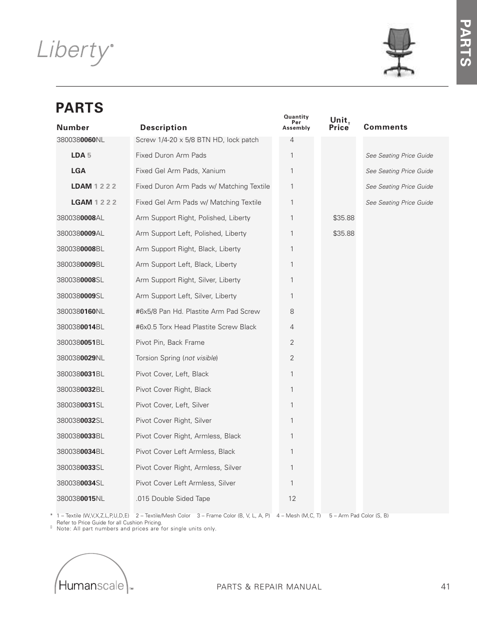 Parts, Pa r t s | Humanscale Seating Parts and Repair Manual User Manual | Page 43 / 59