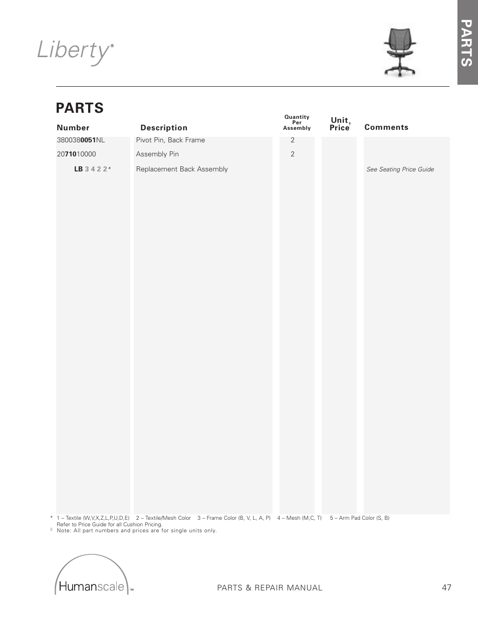 Parts, Pa r t s | Humanscale Seating Parts and Repair Manual User Manual | Page 49 / 59