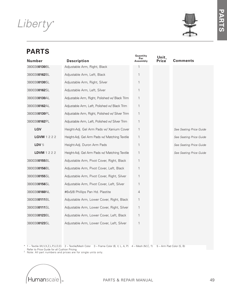 Parts, Pa r t s | Humanscale Seating Parts and Repair Manual User Manual | Page 51 / 59