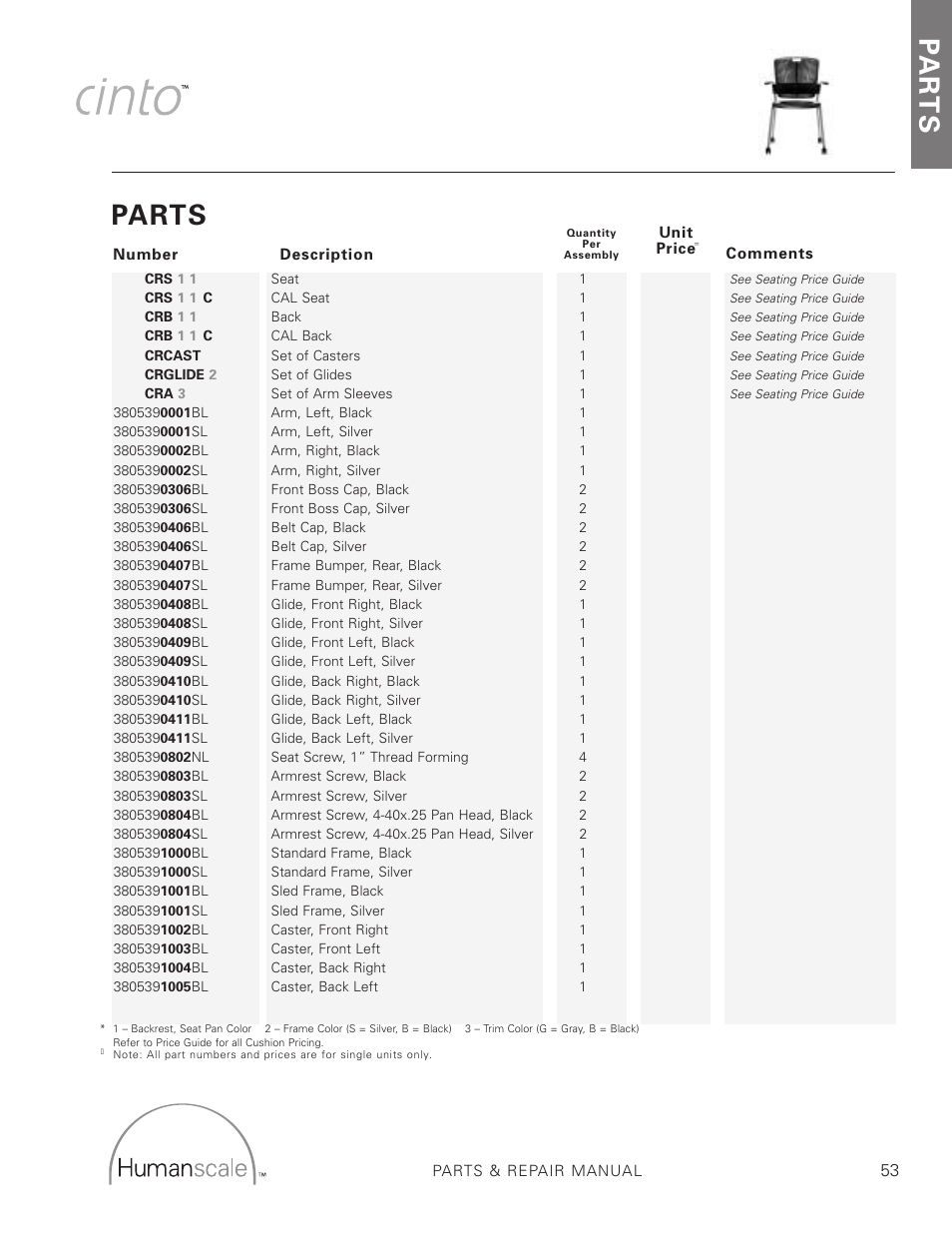 Parts, Pa r t s | Humanscale Seating Parts and Repair Manual User Manual | Page 55 / 59