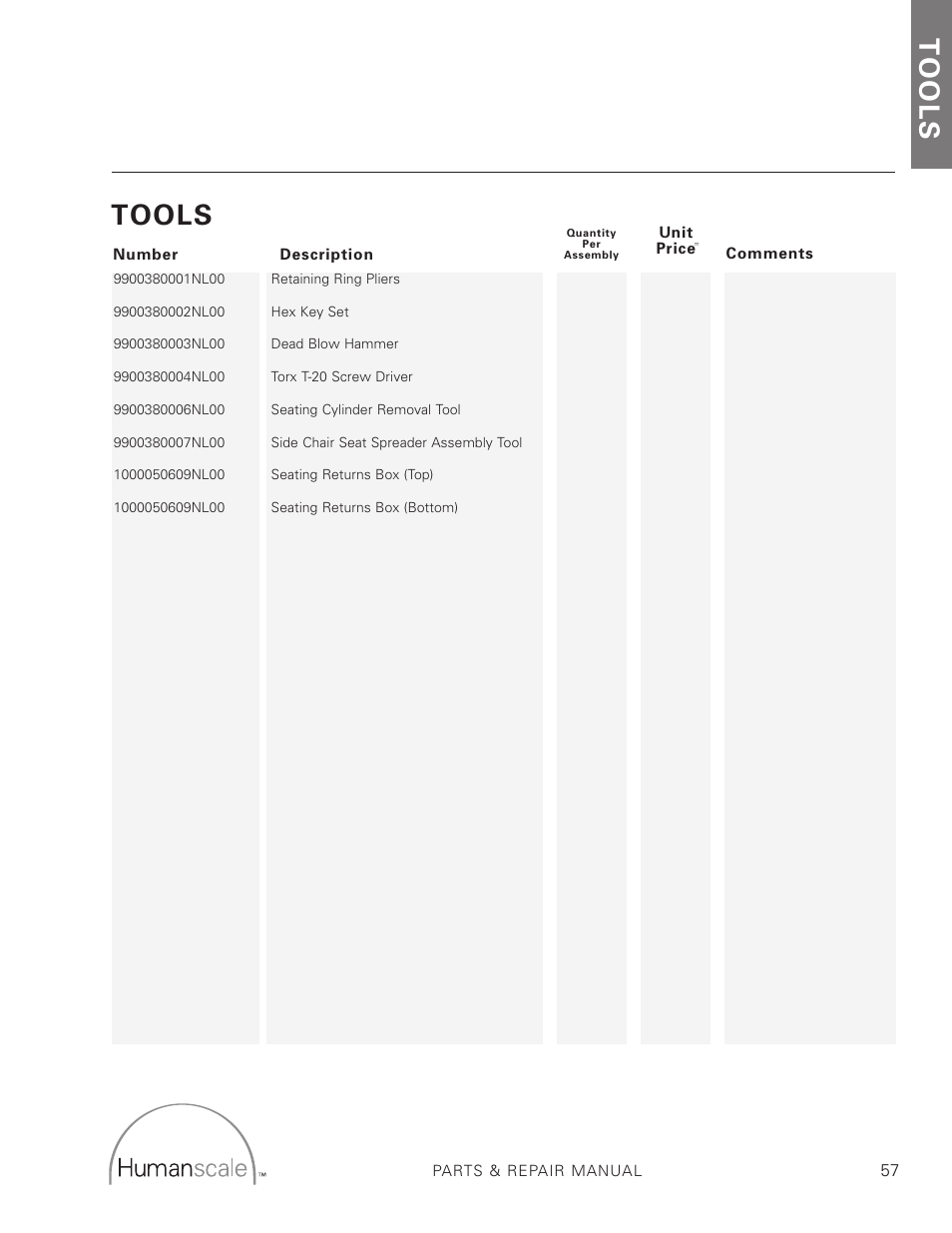 Tools | Humanscale Seating Parts and Repair Manual User Manual | Page 59 / 59