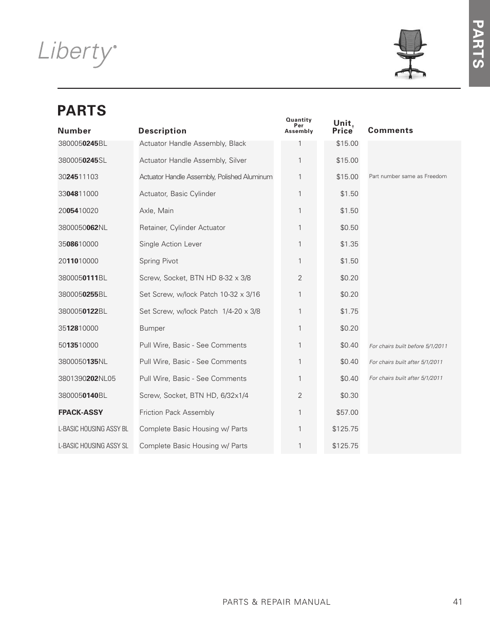 Pa r t s, Parts | Humanscale Seating Parts Manual User Manual | Page 41 / 77