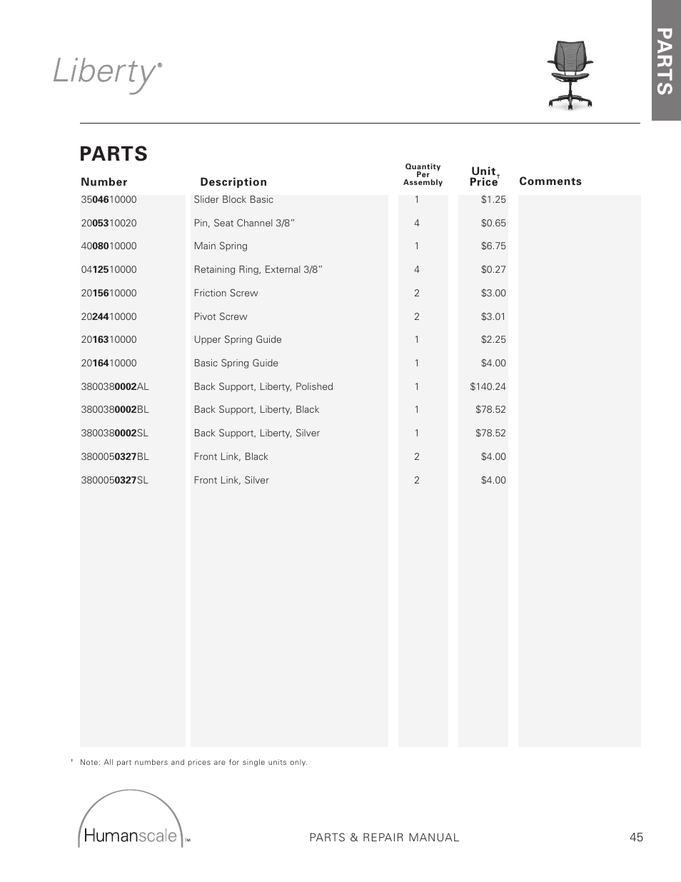 Parts, Pa r t s | Humanscale Seating Parts Manual User Manual | Page 45 / 77