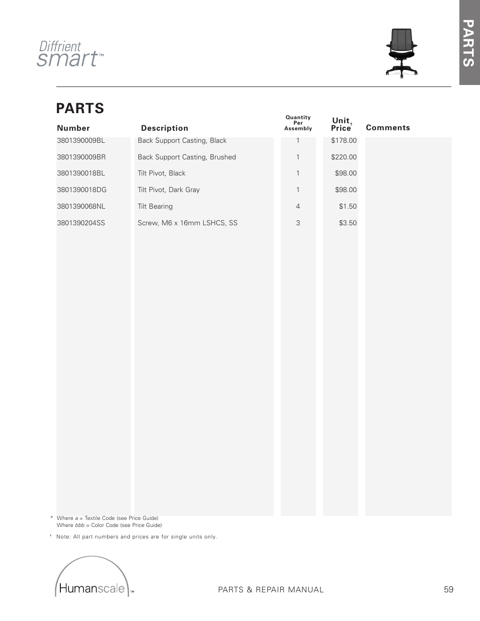 Parts, Pa r t s | Humanscale Seating Parts Manual User Manual | Page 59 / 77