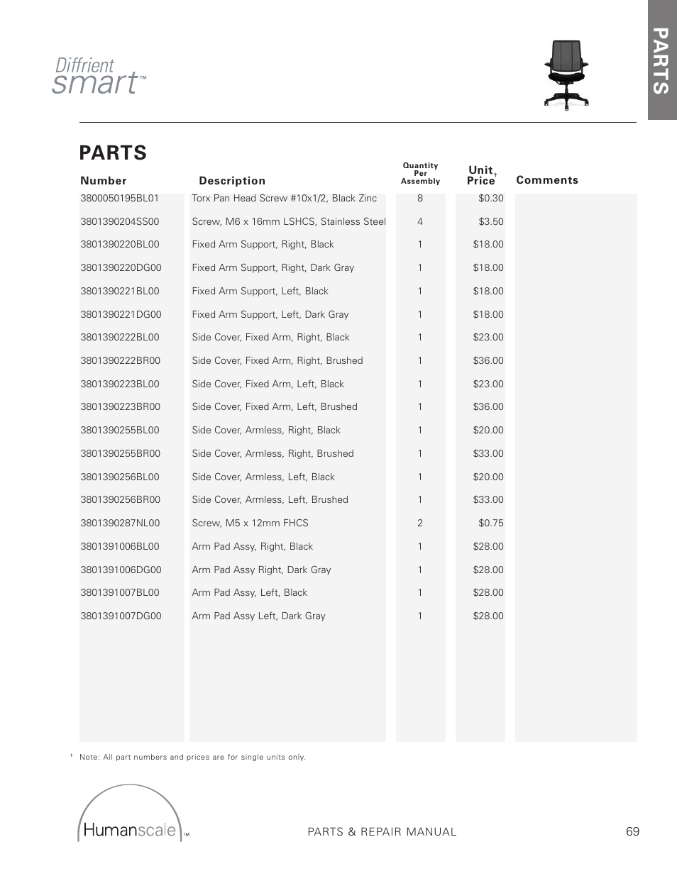 Parts, Pa r t s | Humanscale Seating Parts Manual User Manual | Page 69 / 77