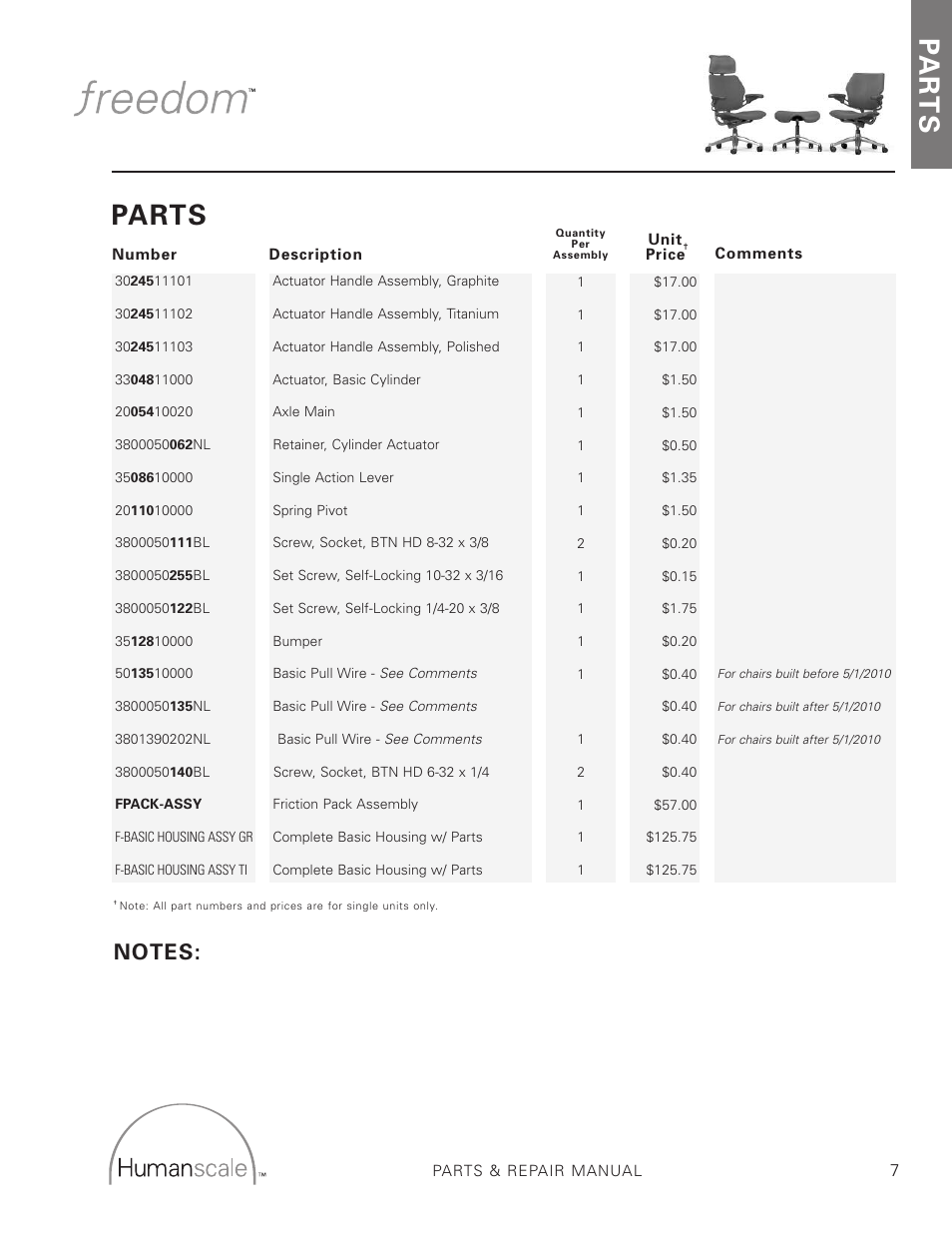 Pa r t s, Parts | Humanscale Seating Parts Manual User Manual | Page 7 / 77