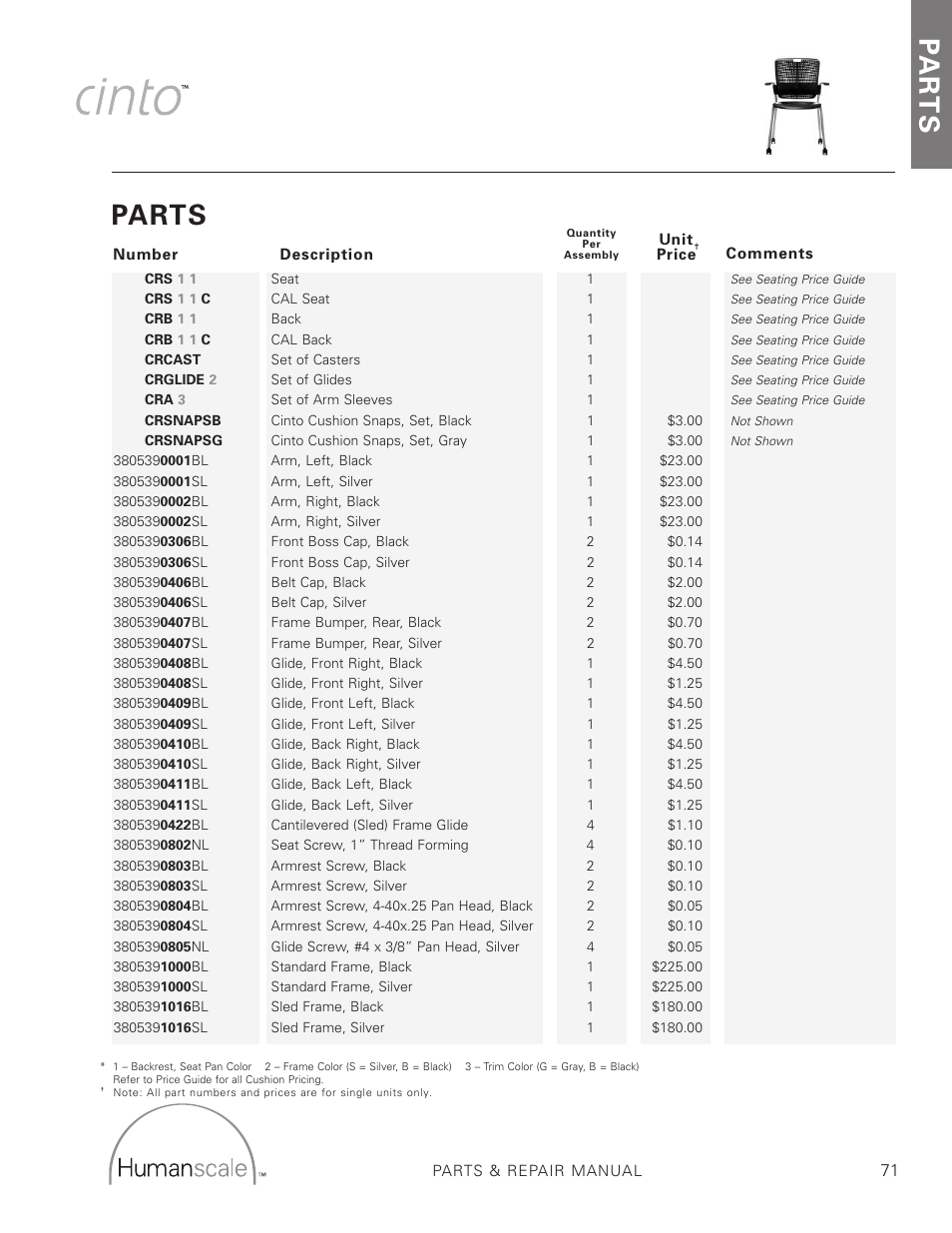 Parts, Pa r t s | Humanscale Seating Parts Manual User Manual | Page 71 / 77