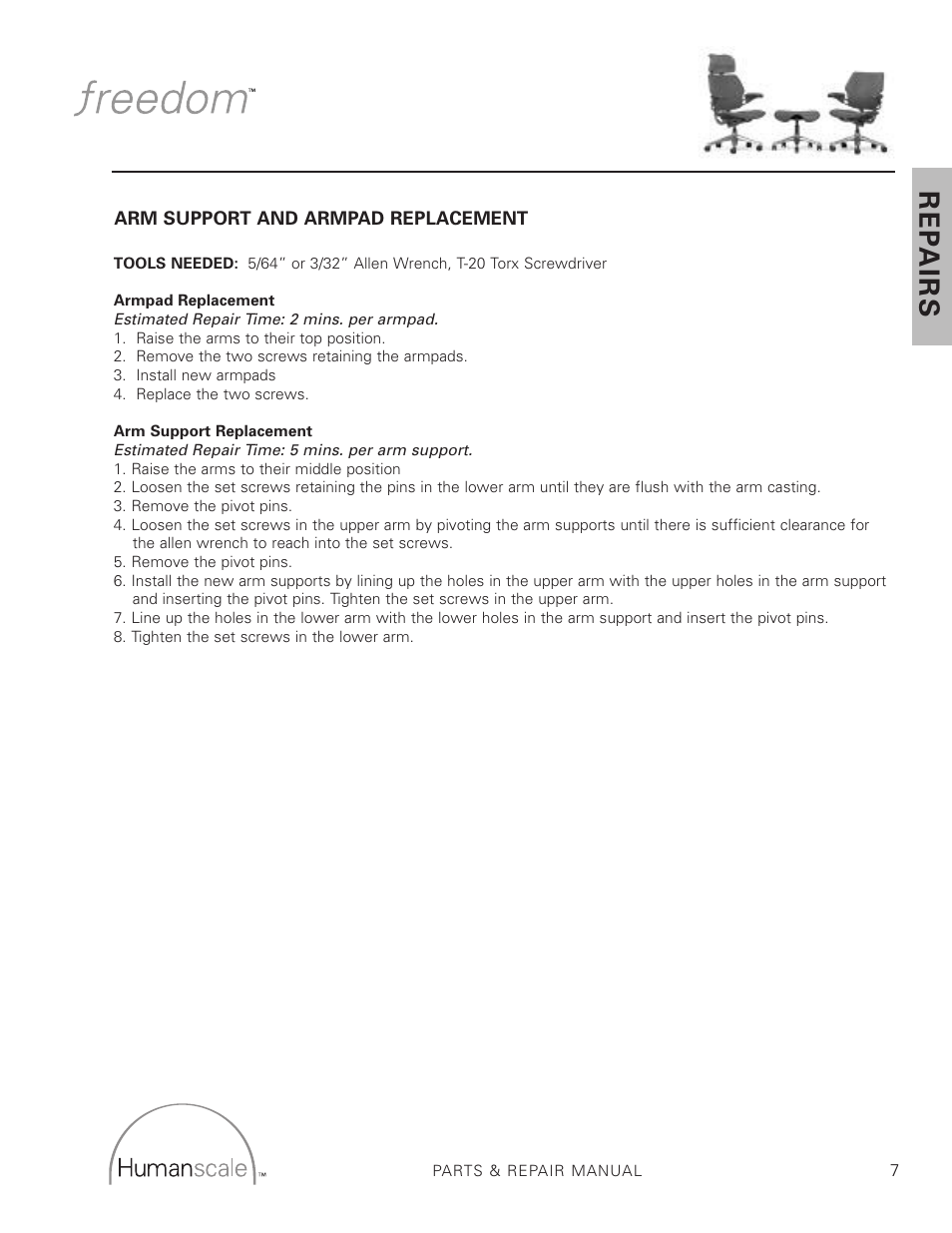 Re p a ir s | Humanscale Freedom Arm User Manual | Page 2 / 2