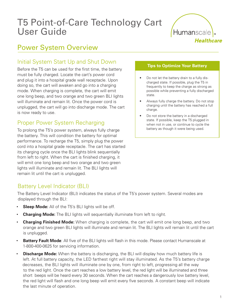 Humanscale T5 Point-of-Care Technology Cart User Manual | 5 pages