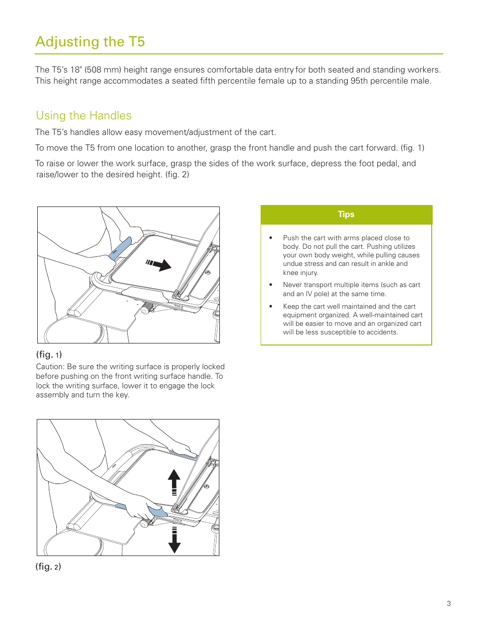 Adjusting the t5, Using the handles | Humanscale T5 Point-of-Care Technology Cart User Manual | Page 3 / 5