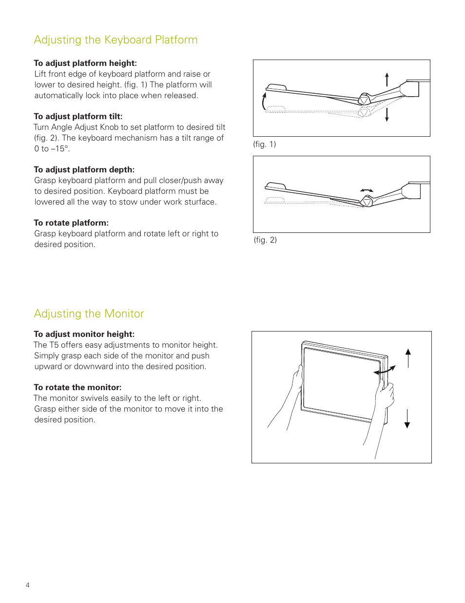 Adjusting the keyboard platform, Adjusting the monitor | Humanscale T5 Point-of-Care Technology Cart User Manual | Page 4 / 5